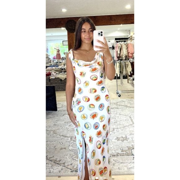 ASTR the Label Allexina Printed Tie Shoulder Midi Dress in Ivory Fruit Cocktail - Picture 1 of 9